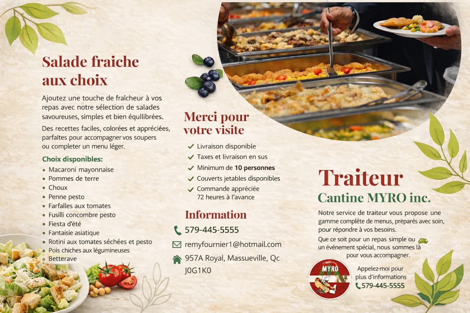 Service traiteur Cantine Myro — salade fraîche aux choix, 10 variétés