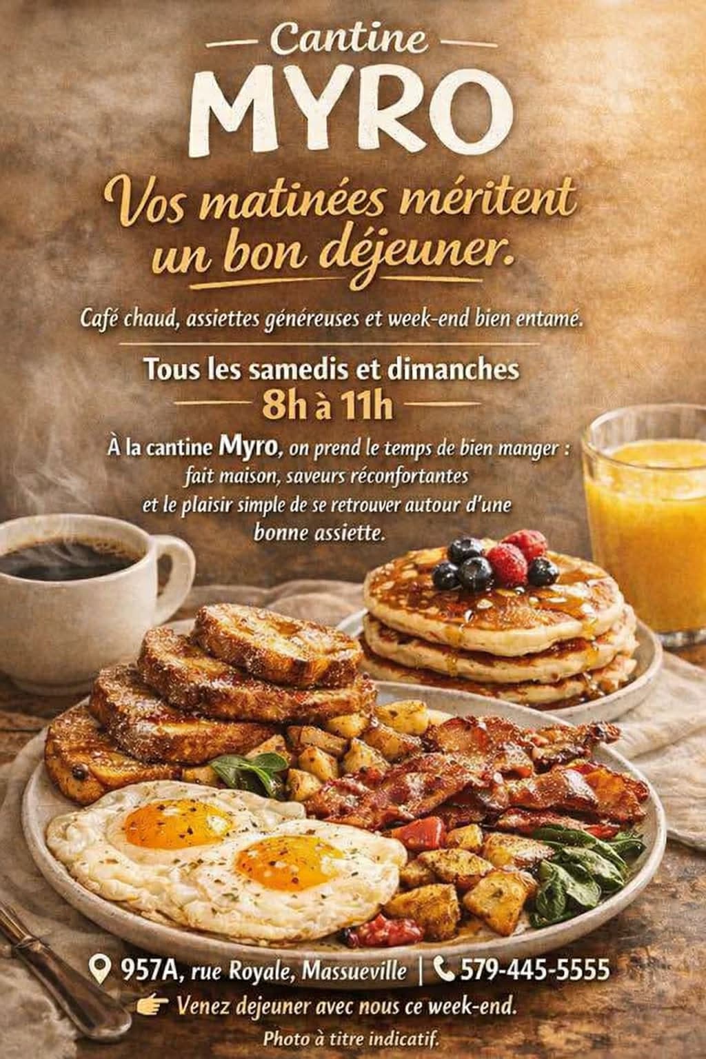 Assiette déjeuner Cantine Myro — pancakes, œufs, bacon