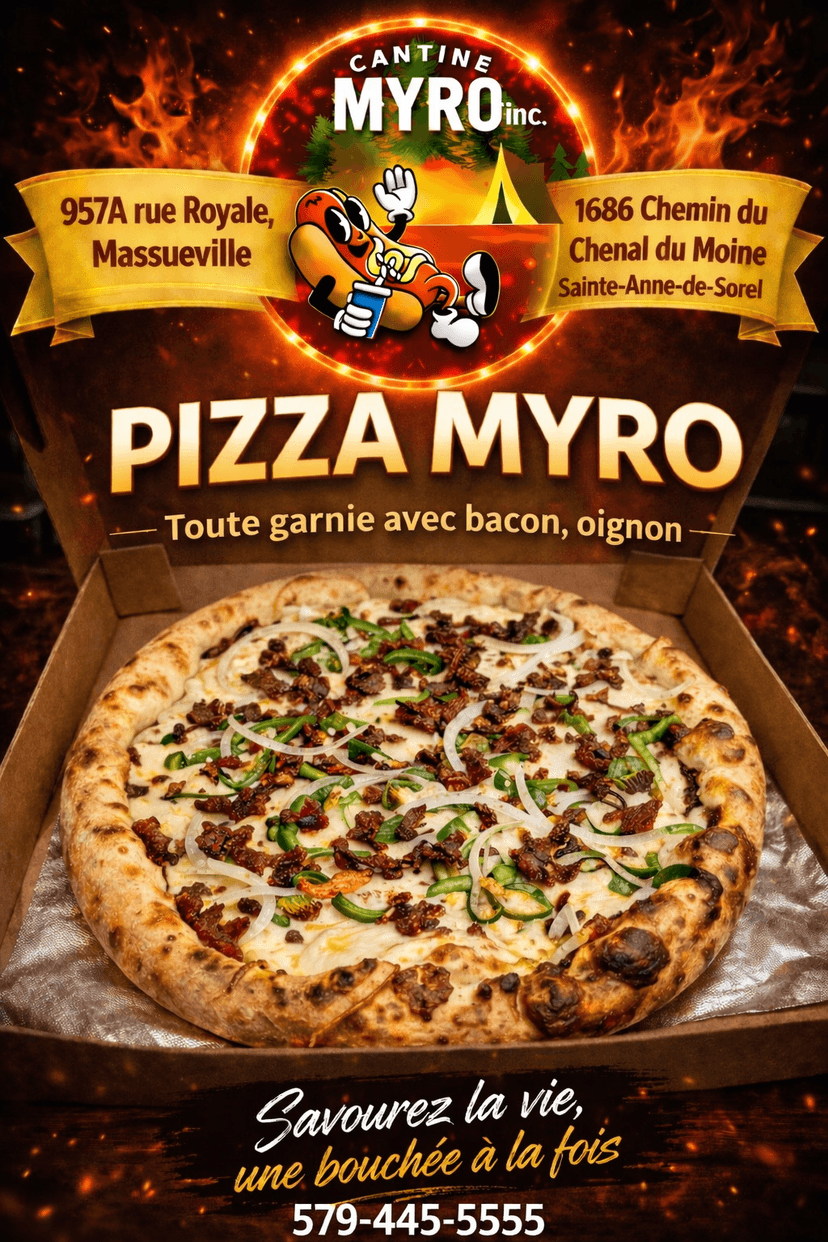 Pizza Myro — toute garnie avec bacon et oignon